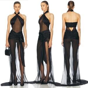 Mirror Palais | NWT Bow Wrap Dress in Noir Black Silk Chiffon Maxi XS